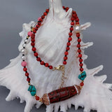 YYGEM 21'' Red Coral Pearl Turquoise Dzi Agate Necklace