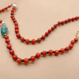YYGEM 21'' Red Coral Pearl Turquoise Dzi Agate Necklace
