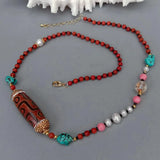 YYGEM 21'' Red Coral Pearl Turquoise Dzi Agate Necklace