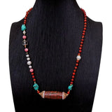 YYGEM 21'' Red Coral Pearl Turquoise Dzi Agate Necklace