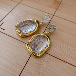 Natural Clear Quartz Buddha Drop Earrings - Stone Dangle Earrings