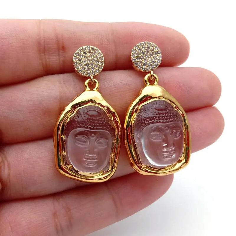 Natural Clear Quartz Buddha Drop Earrings - Stone Dangle Earrings