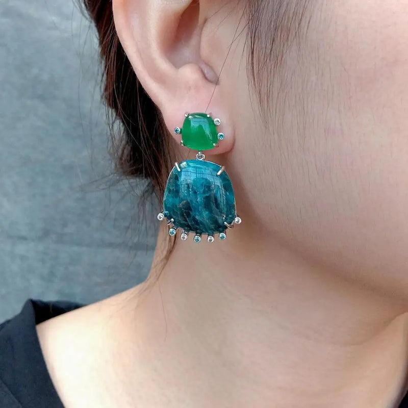 Natural Apatite Green Agate Cz Dangle Earrings Gemstone Jewelry