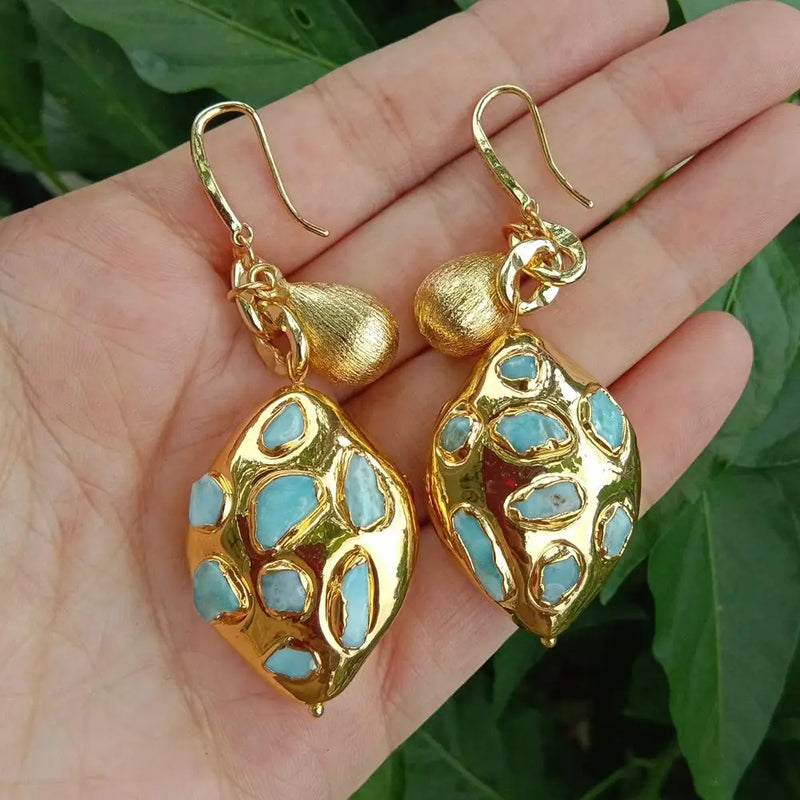 Natural Larimar Dangle Hook Earrings Gemstone Women