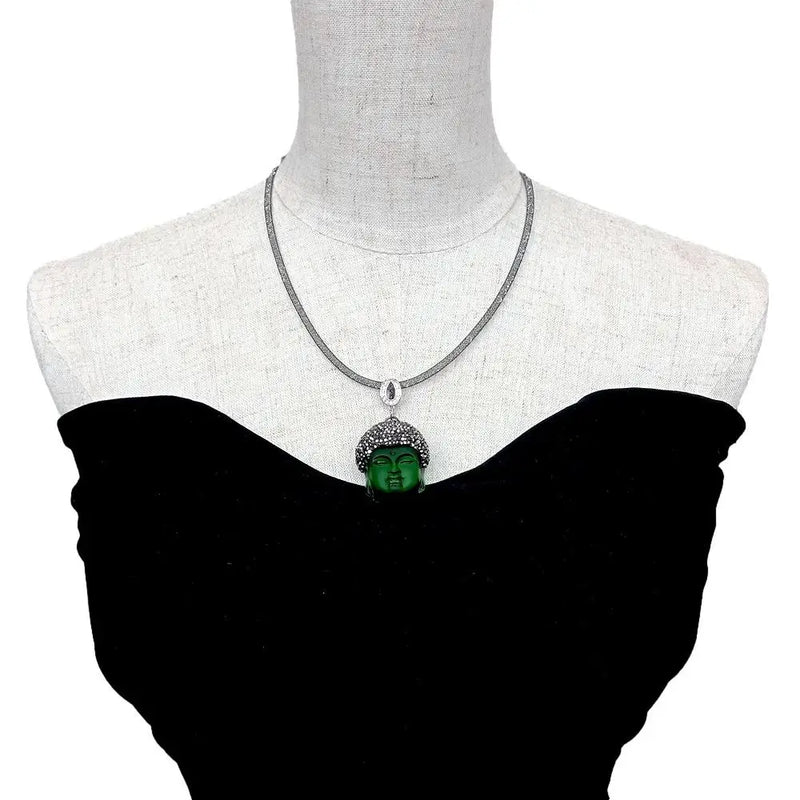 Green Quartz Buddha Pendant Necklace with Rhinestone Pave Choker