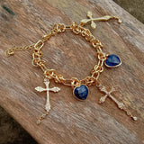 YYGEM 25x50mm Plated Cross Bracelet with 16mm Lapis Heart-Shaped Crucifix