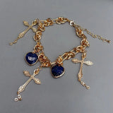 YYGEM 25x50mm Plated Cross Bracelet with 16mm Lapis Heart-Shaped Crucifix