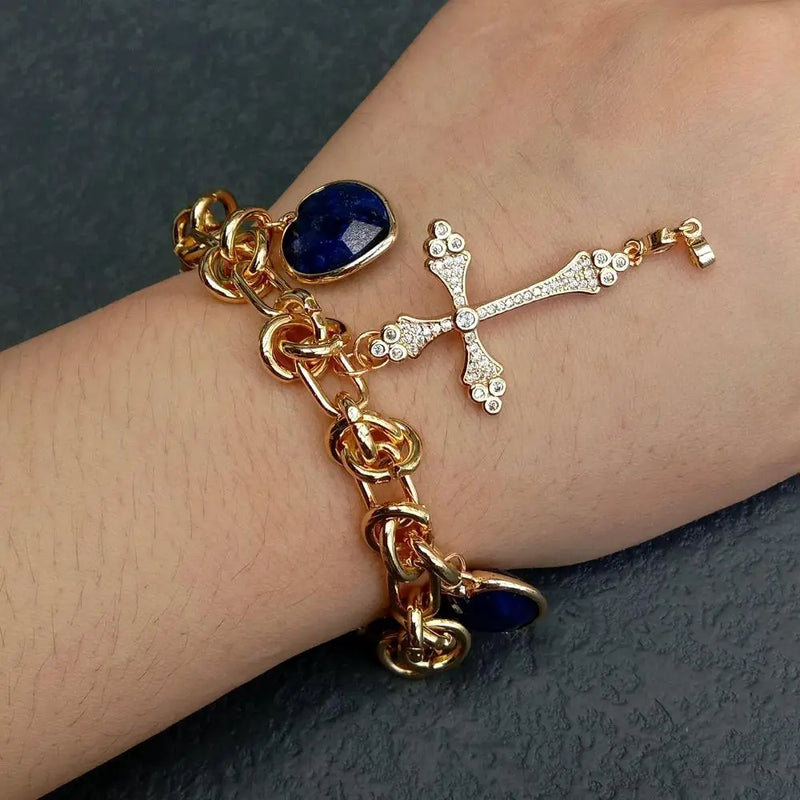 YYGEM 25x50mm Plated Cross Bracelet with 16mm Lapis Heart-Shaped Crucifix