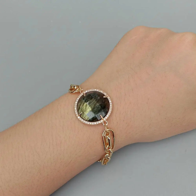 Labradorite Coin CZ Bezel Set Bracelet
