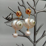 Cultured Pearl Sea Shell Dangle Stud Earrings