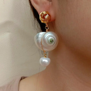Cultured Pearl Sea Shell Dangle Stud Earrings