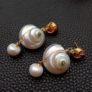 Cultured Pearl Sea Shell Dangle Stud Earrings