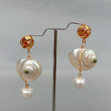 Cultured Pearl Sea Shell Dangle Stud Earrings