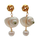 Cultured Pearl Sea Shell Dangle Stud Earrings