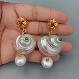 Cultured Pearl Sea Shell Dangle Stud Earrings