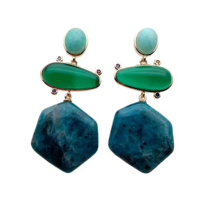 Hexagon Apatite Green Amazonite Agate Dangle Stud Earrings