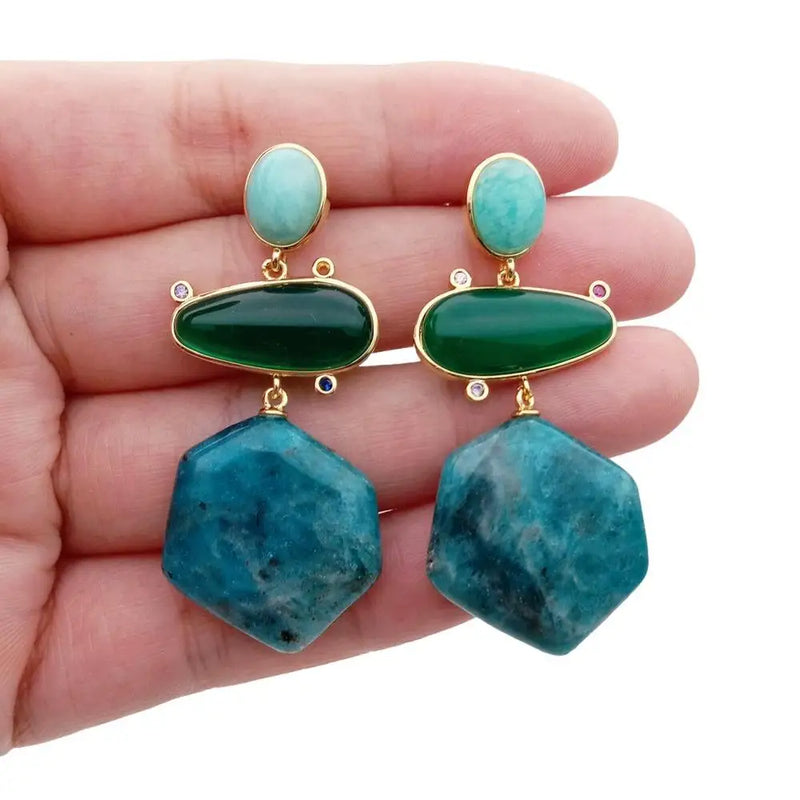 Hexagon Apatite Green Amazonite Agate Dangle Stud Earrings