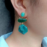 Hexagon Apatite Green Amazonite Agate Dangle Stud Earrings