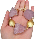 Natural Pink Rose Quartz Rough Bracelet Gemstone Plated Brushed Raw Female