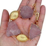 Natural Pink Rose Quartz Rough Bracelet Gemstone Plated Brushed Raw Female