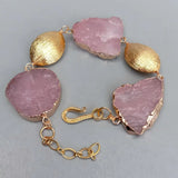 Natural Pink Rose Quartz Rough Bracelet Gemstone Plated Brushed Raw Female