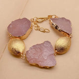 Natural Pink Rose Quartz Rough Bracelet Gemstone Plated Brushed Raw Female