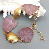Natural Pink Rose Quartz Rough Bracelet Gemstone Plated Brushed Raw Female