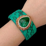 Natural Malachite Green Leather Bangle Bracelet