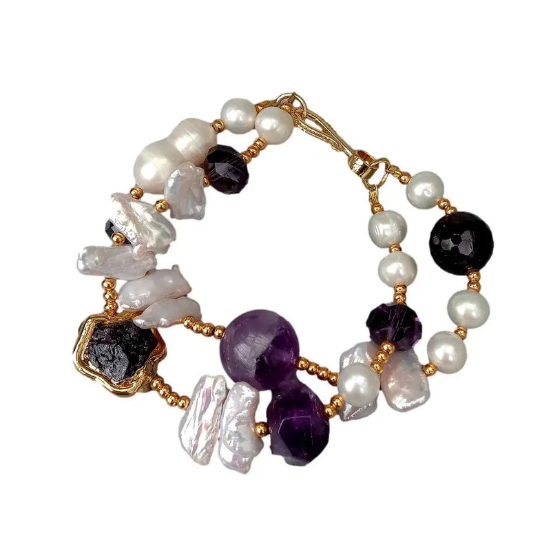 Natural Amethyst Cultured Freshwater Pearl Crystal Bracelet 8.5"
