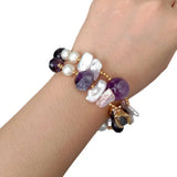 Natural Amethyst Cultured Freshwater Pearl Crystal Bracelet 8.5"
