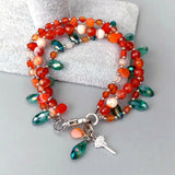 Orange Agate Top-Drilled Teardrop Green Crystal Bracelet