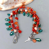 Orange Agate Top-Drilled Teardrop Green Crystal Bracelet