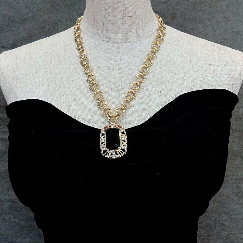 Green Crystal Rectangle Cz Pave Necklace Women Charm Jewelry