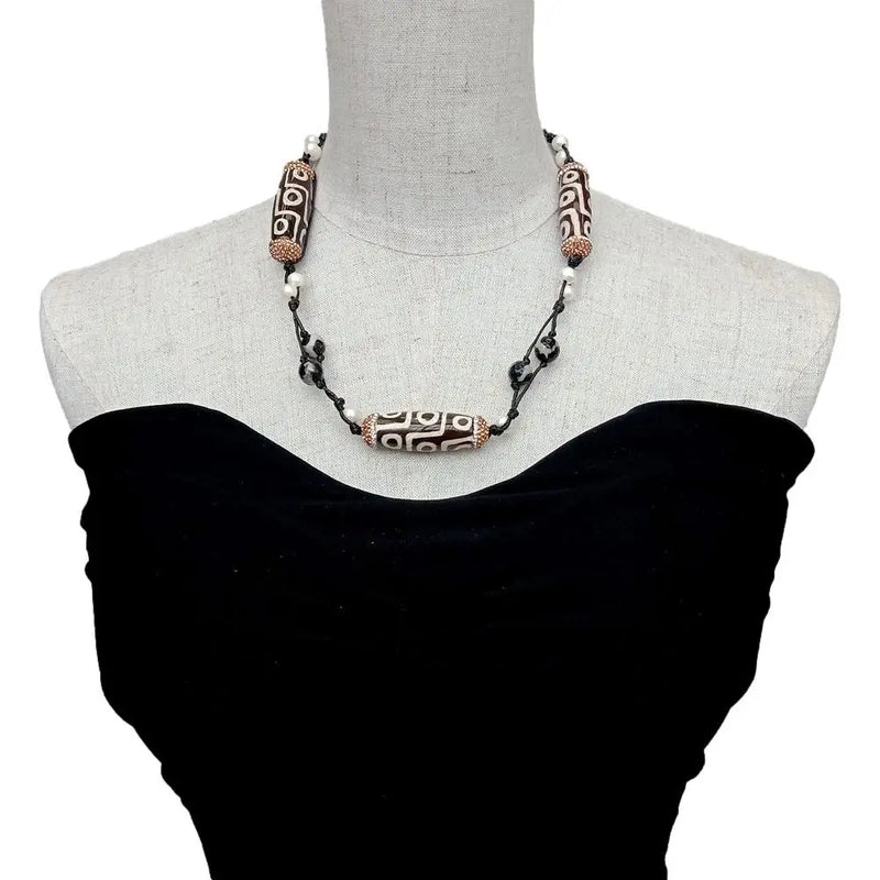 Bohemian Dzi Agate Freshwater Pearl Choker Necklace