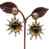 32mm Plated Quartz Druzy Green Agate Heart Dangle Earrings