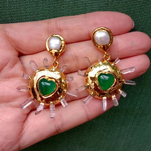 32mm Plated Quartz Druzy Green Agate Heart Dangle Earrings