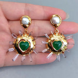 32mm Plated Quartz Druzy Green Agate Heart Dangle Earrings