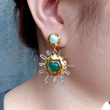 32mm Plated Quartz Druzy Green Agate Heart Dangle Earrings