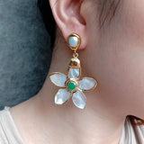 40mm Sea Shell Carved Flower Cultured Pearl Stud Earrings