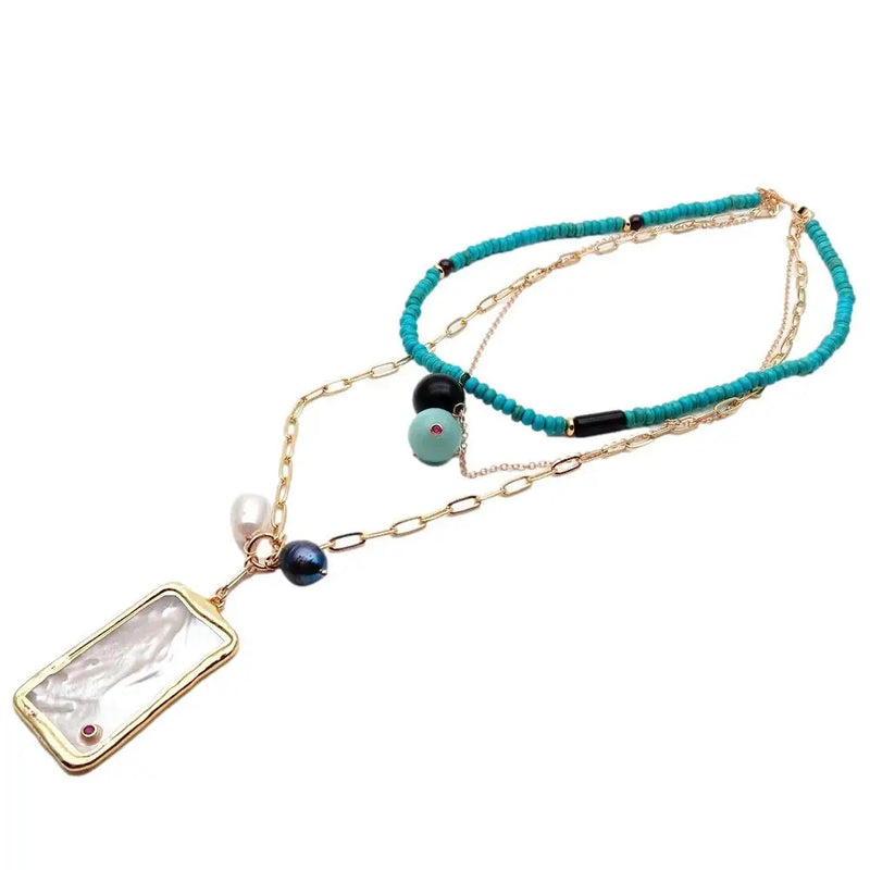 YYGEM Turquoise Shell Pendant Layered Necklace