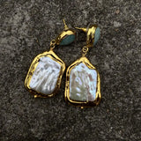 YYGEM Rectangle Keshi Pearl Green Amazonite Stud Earrings for Women