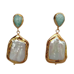 YYGEM Rectangle Keshi Pearl Green Amazonite Stud Earrings for Women
