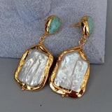 YYGEM Rectangle Keshi Pearl Green Amazonite Stud Earrings for Women