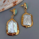 YYGEM Rectangle Keshi Pearl Green Amazonite Stud Earrings for Women