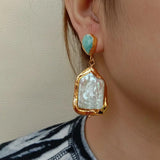 YYGEM Rectangle Keshi Pearl Green Amazonite Stud Earrings for Women