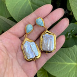 YYGEM Rectangle Keshi Pearl Green Amazonite Stud Earrings for Women