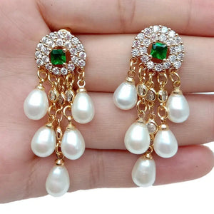 CZ Pave Freshwater Pearl Tassel Stud Earrings