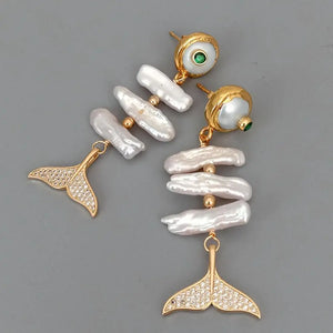 YYGEM Cultured Biwa Freshwater Pearl Coin Pearl Fish Shape Stud Earrings