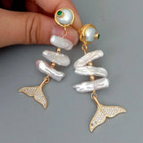 YYGEM Cultured Biwa Freshwater Pearl Coin Pearl Fish Shape Stud Earrings