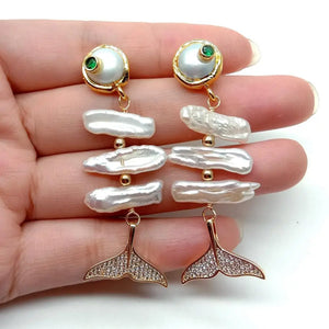 YYGEM Cultured Biwa Freshwater Pearl Coin Pearl Fish Shape Stud Earrings